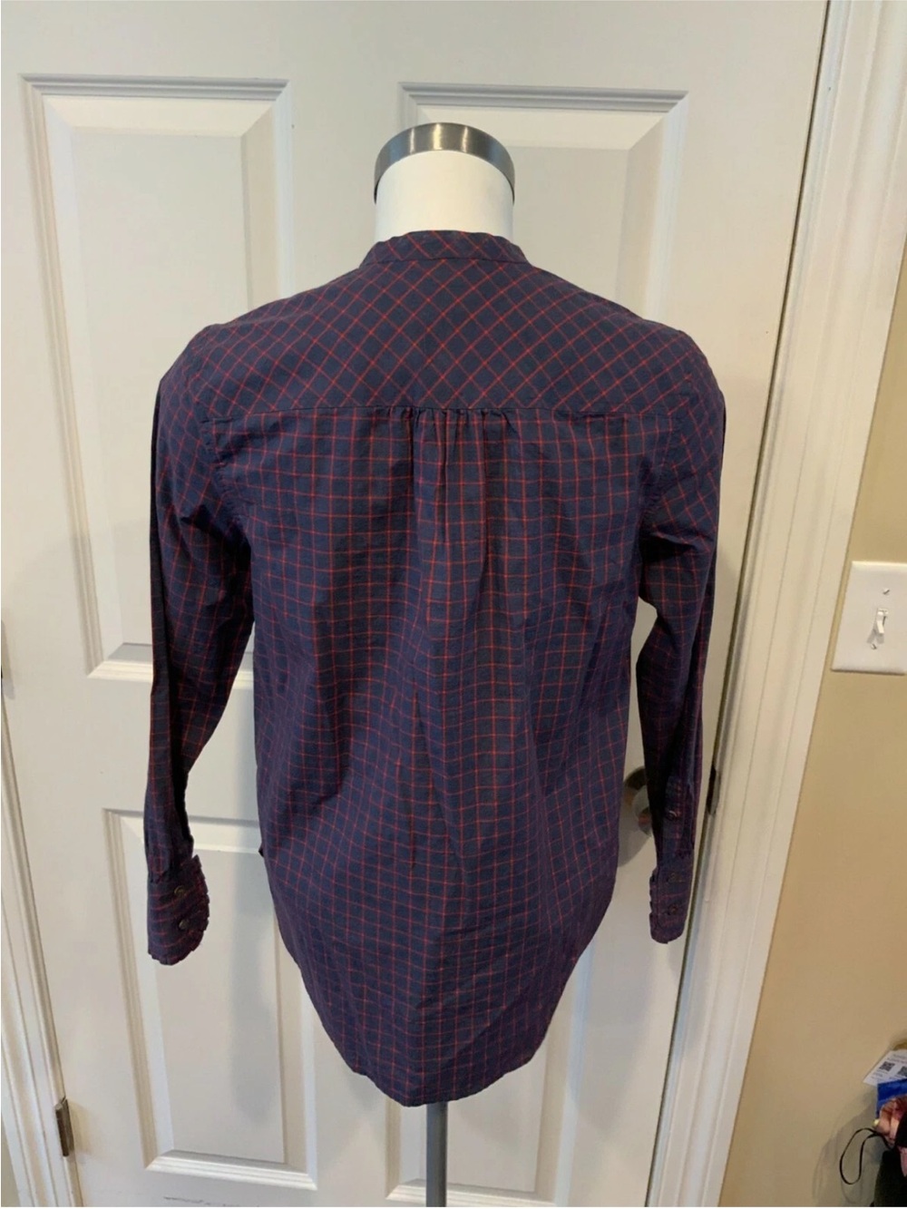 J. Crew Blue/Red Windowpane Plaid Ruffle Placket Pop-Over Shirt, Size 2 - Picture 4 of 5